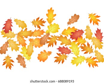 Oak leaves flying confetti EPS 10 vector background. Dry autumn leaves falling confetti - seasonal background for september, october, november graphic design. Horizontal banner.