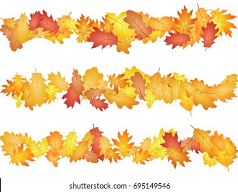 Oak leaves flying confetti vector background. Autumn leaves confetti - seasonal background for september, october, november graphic design. Horizontals stripes banner, autumn foliage.