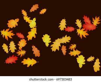 Oak leaves flying confetti vector background. Autumn leaves falling confetti - seasonal background for september, october, november graphic design. Horizontal autumn banner with oak foliage on brown.