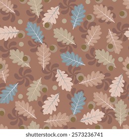 Oak leaves foliage seamless pattern. Allover print floral leafy texture of autumn color oak leaves on coffee mocha color background.