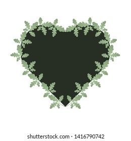 Oak leaves and heart shape frame. Dark heart is entwined with green leaves. Suitable for invitations, cards, quotes, blogs, posters, highlights and others. Wedding theme. White background