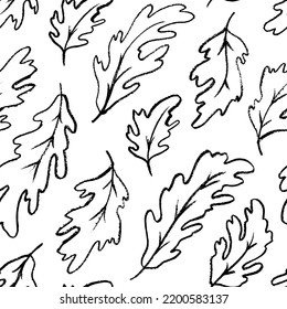 Oak leaves in pencil seamless pattern. Hand drawn vector botanical background in black charcoal style. Black brush strokes and texture lines. Hand-drawn sketch style of oak leaves. Modern ornament.