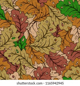 Oak leaves seamless pattern. Autumn oak leaves. Vector illustration of autumn leaves seamless pattern. Hand drawn leaves of oak.