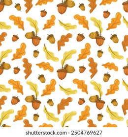 Oak leaves seamless pattern. Autumn yellow leaves and acorns wallpaper, gift paper, pattern fills, textile, fall greeting cards. Vector hand drawn illustration on white background.