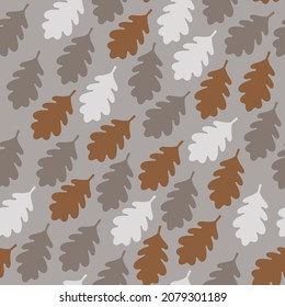 Oak leaves seamless pattern: natural brown, grey, white colors.