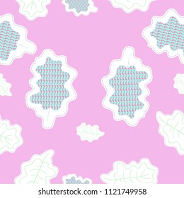 Oak leaves seamless  pattern, stripes, scribbles, dashed lines, tags. Hand drawn.