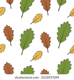 Oak leaves. Seamless vector pattern. Part of a tree with veins. Isolated colorless background. Endless ornament of multi-colored leaves. Cartoon style. Symbol of fidelity.