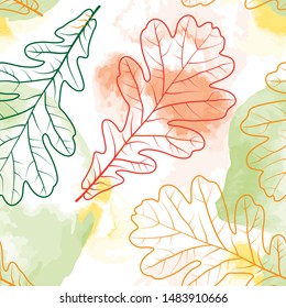 Oak Leves seamless pattern on background with bright watercolor splashes. Vector pattern