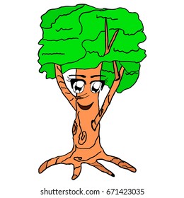 Oak looks up and smiles. The concept of a living tree. A child's drawing. Vector isolated image of the character. Print and web projects.