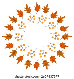 Oak and male leaves Abstract twigs Circular Frame border in Autumnal shades Copy space Template idea