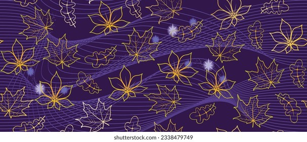 Oak, maple and chestnut golden leaves on a starry purple background - seamless vector pattern