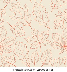 Oak, maple, chestnut leaves outline seamless pattern. Autumn or spring leaves in doodle style. Vector monochrome red foliage contour on beige background for wrapping paper, wallpaper, and fabric.