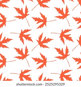 Oak orange-red leaf pattern, silhouettes of leaves on white background. Seamless repeating pattern for packaging, wallpaper, textile, wrapping, decor.
