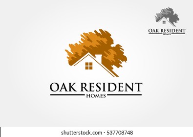 Oak Resident Home Vector Logo Illustration.  Vector logo design template of oak tree and house that made from a simple scratch. it's good for symbolize a property.