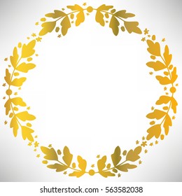 Oak round frame with acorns, branches and leaves. Vector illustration.