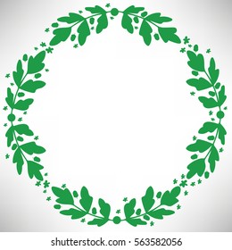 Oak round frame with acorns, branches and leaves. Vector illustration.