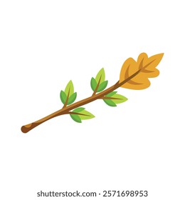 Oak Stick With Leaves isolated flat vector illustration on white background