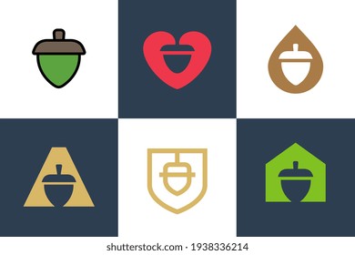 Oak tree acorn logo set, oak nut icon design, oak seed symbol - Vector