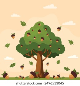 Árbol de roble y bellotas ilustración plana