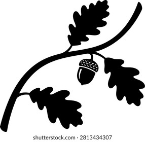 Oak tree branch with acorn silhouette, botanical
