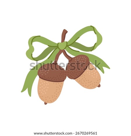 Oak tree branch with acorns decorated with green coquette ribbon bow.  Autumn holiday decorative element, fall season decor. Flat vector illustration isolated on white background