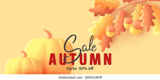 Oak tree branch with leaves and acorns with pumpking, 3d render illustration, sale promo banner template