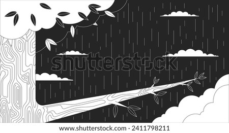 Oak tree branch on rain forest night outline 2D cartoon background. Autumn nighttime rainy weather linear aesthetic vector illustration. Woodland rainfall flat wallpaper art, monochromatic lofi image