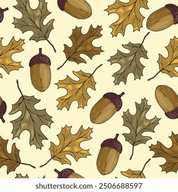 Oak tree colorful pattern seamless with petals of different shades and acorns for design on botany theme vector illustration