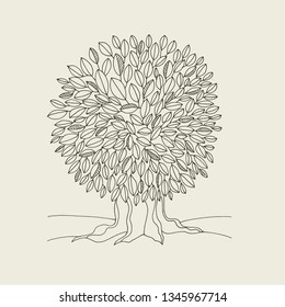 Oak tree contour hand drawn vector illustration. Forest, woods black ink pen sketch. Wood with lush crown, foliage freehand outline drawing. Environment, nature, ecology design element
