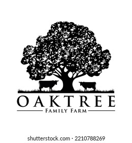 Oak Tree with Cow Cattle on the Bottom Illustration Hand Drawing Symbol Logo Vector