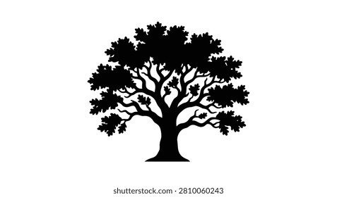Oak tree with dense foliage a black silhouette against a white background