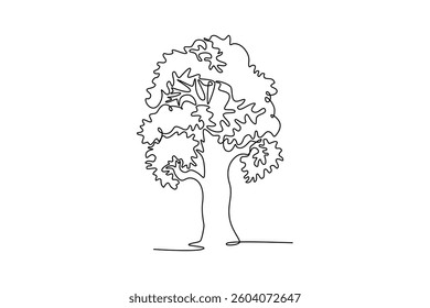 Oak. Tree and flower concept. Single line draw design. Vector graphic illustration