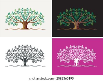 oak tree in four color variants, useful for logo or wall art illustration