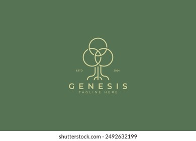 Logotipo de Génesis del árbol de roble con la meditación de la hoja de forma de 3 círculos Naturaleza espiritual Manglar Bosque