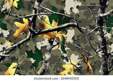 Carvalho árvore caçando fundo de camuflagem. Caça padrão sem costura. Campanha digital. Padrão de camo vetorial. Camuflagem de floresta