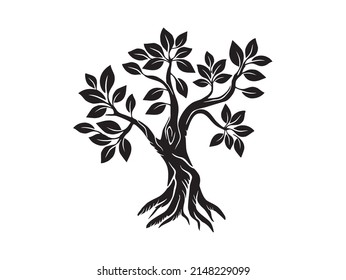 oak tree icon, ancient tree with roots in black colors