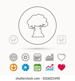 Oak tree icon. Forest wood sign. Nature environment symbol. Calendar, Graph chart and Cogwheel signs. Download and Heart love linear web icons. Vector