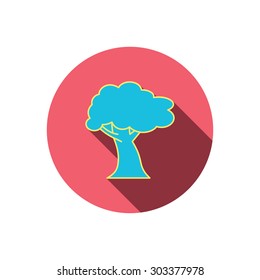 Oak tree icon. Forest wood sign. Nature environment symbol. Red flat circle button. Linear icon with shadow. Vector