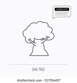 Oak tree icon. Forest wood sign. Nature environment symbol. Linear outline icon. Speech bubble of dotted line. Vector