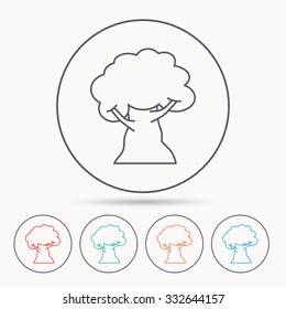 Oak tree icon. Forest wood sign. Nature environment symbol. Linear circle icons.