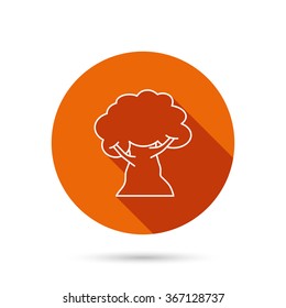 Oak tree icon. Forest wood sign. Nature environment symbol. Round orange web button with shadow.