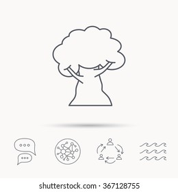 Oak tree icon. Forest wood sign. Nature environment symbol. Global connect network, ocean wave and chat dialog icons. Teamwork symbol.