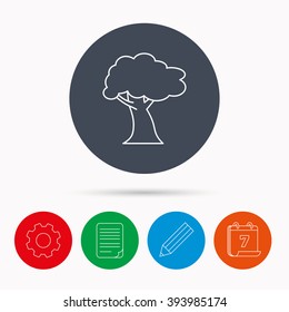 Oak tree icon. Forest wood sign. Nature environment symbol. Calendar, cogwheel, document file and pencil icons.