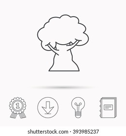 Oak tree icon. Forest wood sign. Nature environment symbol. Download arrow, lamp, learn book and award medal icons.