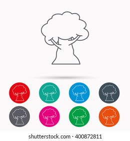 Oak tree icon. Forest wood sign. Nature environment symbol. Linear icons in circles on white background.