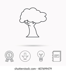 Oak tree icon. Forest wood sign. Nature environment symbol. Download arrow, lamp, learn book and award medal icons.