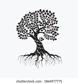 Oak tree icon vector. tree and roots silhouette, tree and life symbols.