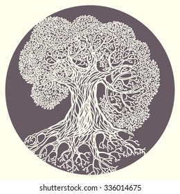 Oak tree illustration. Stylized vector isolated white silhouette on gray circle background. Nature, t-shirt, parks, forest and ecology theme.