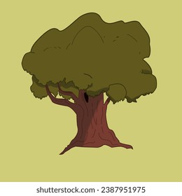 Oak tree isolated vector tall mighty sturdy woodland forest natural plant growth ecological environmental habitat digital cartoon art warm soft light dusk dawn golden hour sunset earthy green tones.