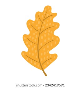 Oak tree leaf in autumn hand drawn illustration. Cartoon style flat design, isolated vector. Kids autumn, fall print, seasonal plant element, woodland, park, outdoors, nature